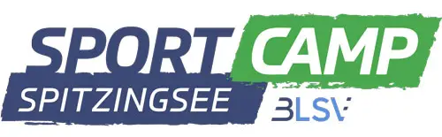 Logo mit blauem Schriftzug "SPORT SPITZINGSEE" und grünem Schriftzug "CAMP". Rechts unten in kleiner Schrift die Buchstaben "BLSV".
